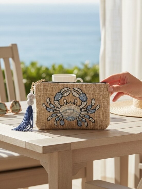 India Handmade Handbags - NWT Viral Beaded Blue Crab Wristlet On Natural Woven Fabric - India Handmade 🦀✨